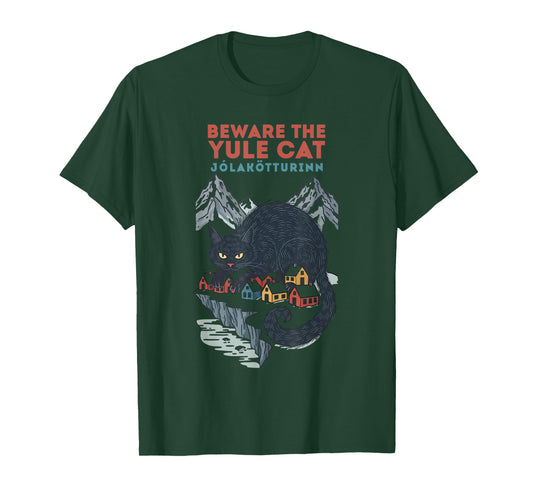 Funny Retro Yule Cat Beware The Jolakotturinn Dark Christmas T-Shirt