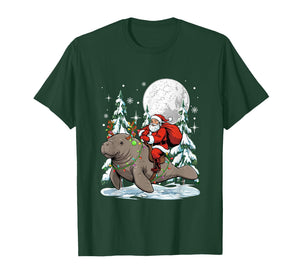 Santa Riding Manatee Reindeer Christmas Tree Colorful Lights T-Shirt