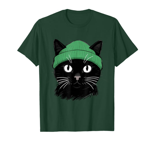 Black Cat with Green Beanie Vintage Design T-Shirt