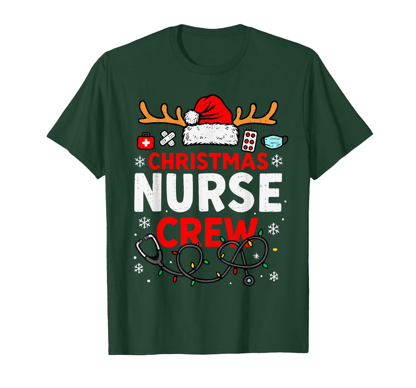 Funny Christmas Nurse Crew Stethoscope Santa Lights Holiday T-Shirt