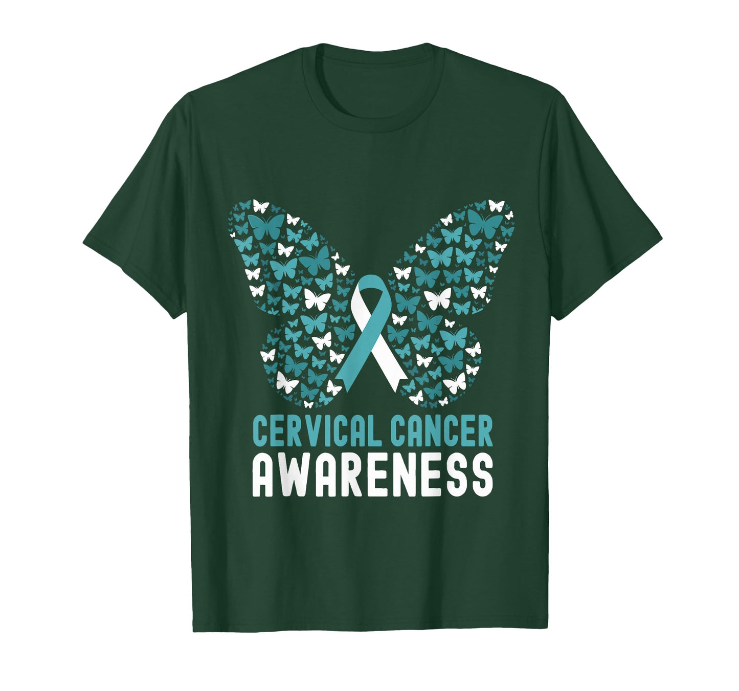 Cervical Cancer Awareness Month Butterfly White Teal Ribbon T-Shirt