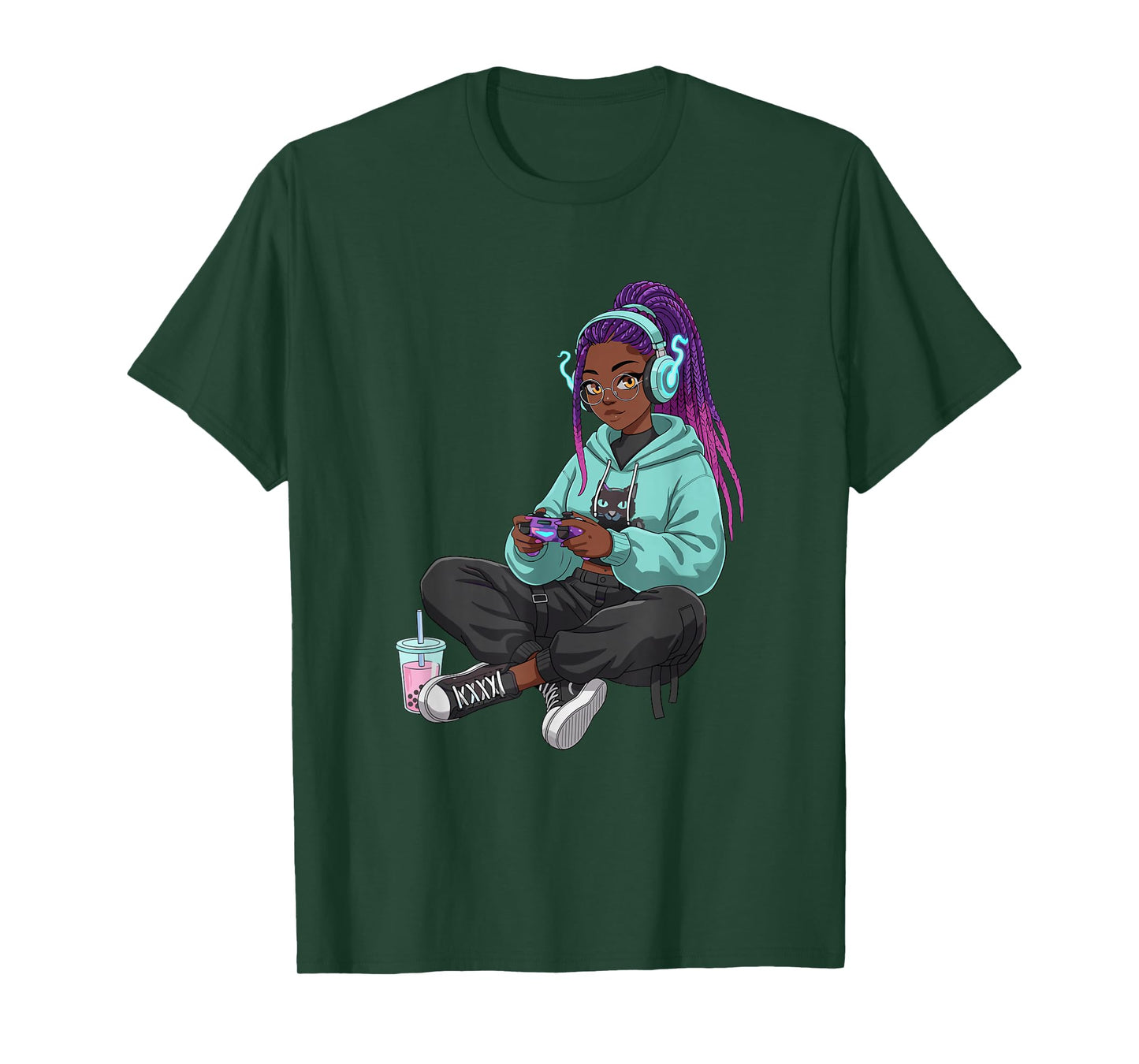Gaming Boba Tea Anime Afro African American Gamer Black Girl T-Shirt