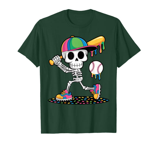 Skeleton Playing Baseball Halloween Drip Design for Kids T-Shirt