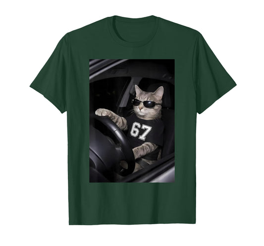 Funny Cat Wearing Sunglasses Driving Car Six Seven 67 Meme T-Shirt