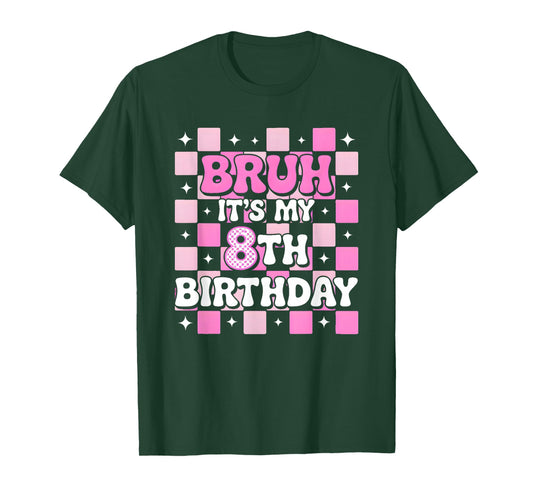 8th Birthday Bruh Pink Checkered Trendy Birthday Girl T-Shirt