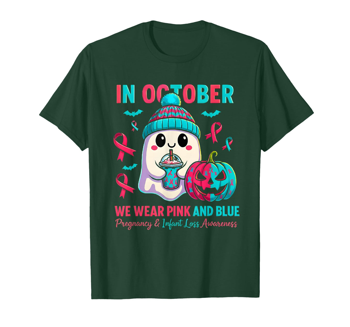 in October We Wear Pink and Blue Ghost Infant Loss Awareness T-Shirt