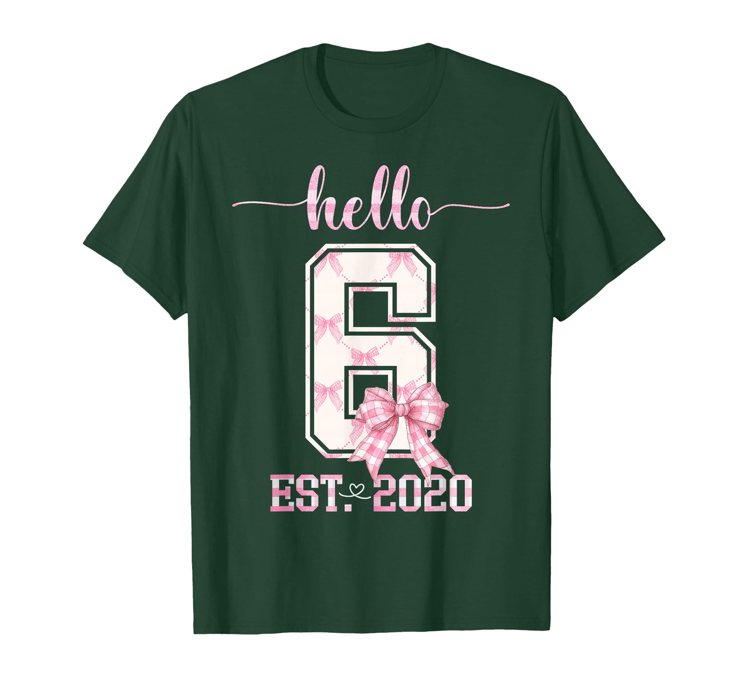 Hello 6 Est 2020 6th Birthday Girl Cute Pink Coquette Bow T-Shirt