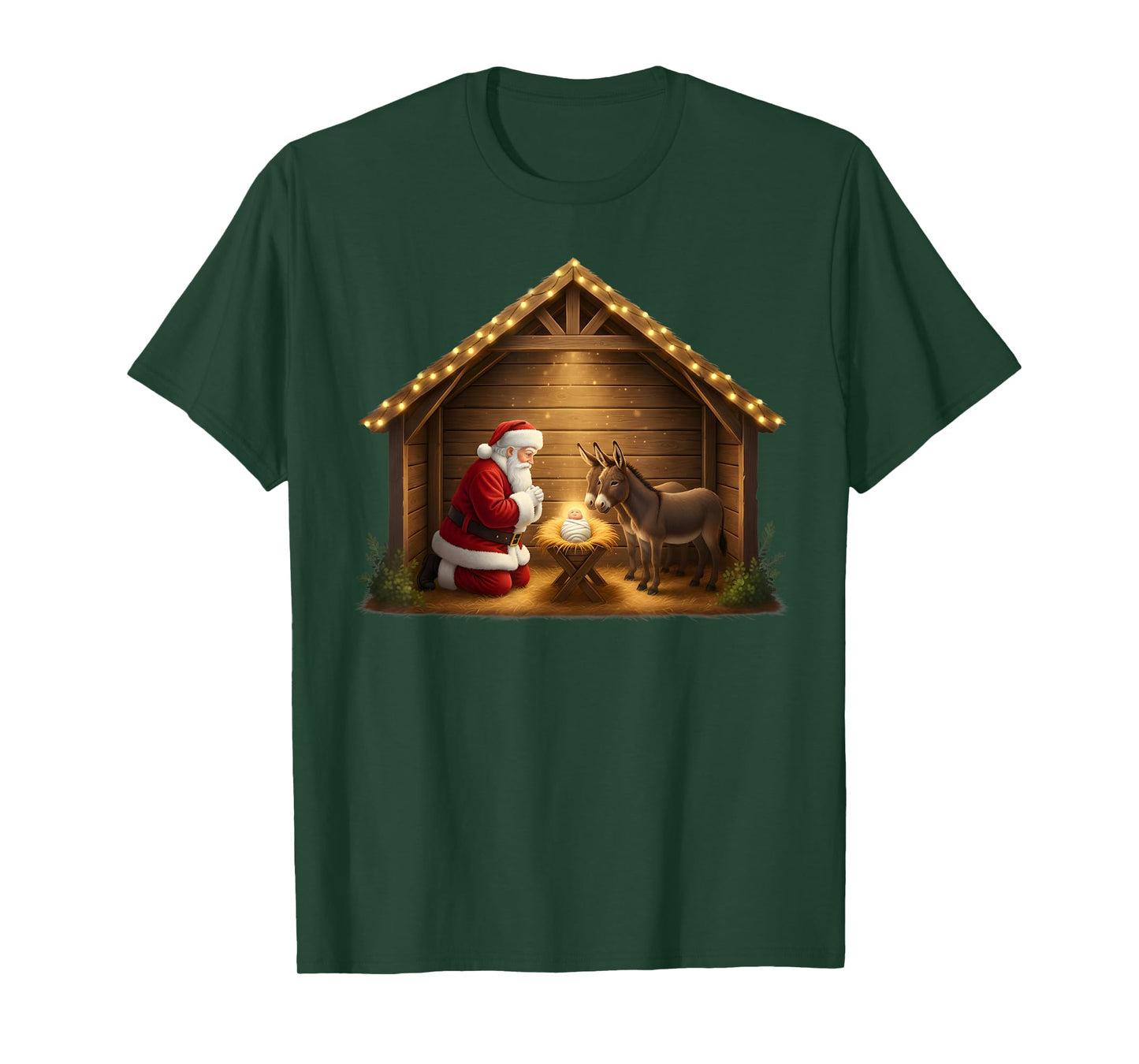 Kneeling Santa Claus & Baby Jesus Merry Christmas Christians T-Shirt