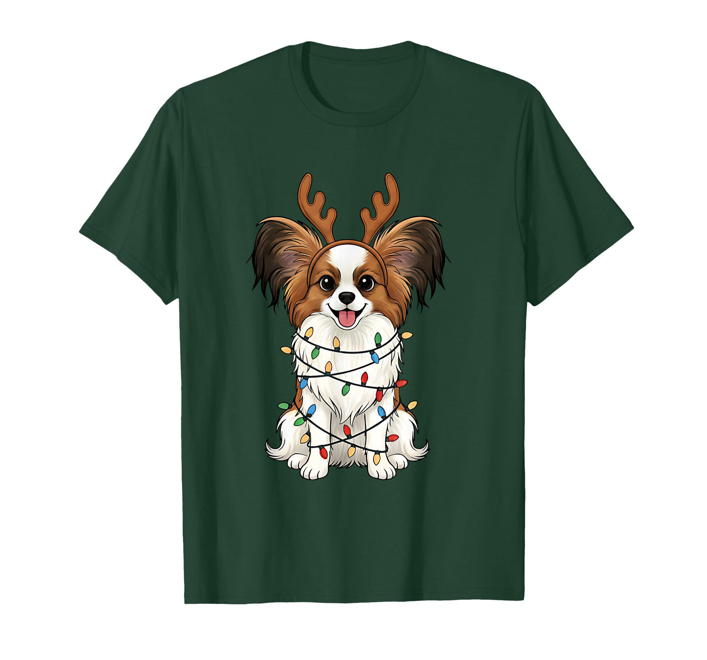 Papillon Dog Christmas Reindeer Lights Funny Dog Lover Xmas T-Shirt