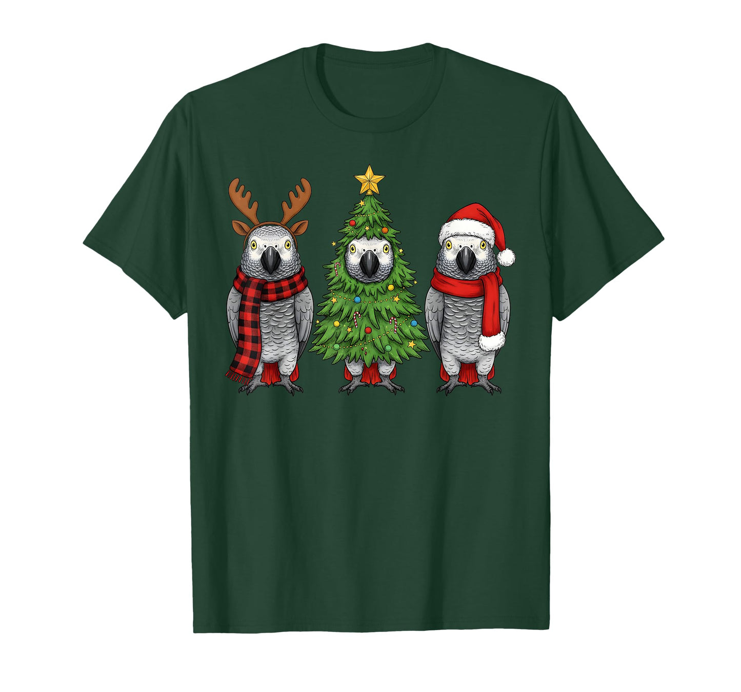 Retro Christmas African Grey Parrot Bird Santa Reindeer T-Shirt