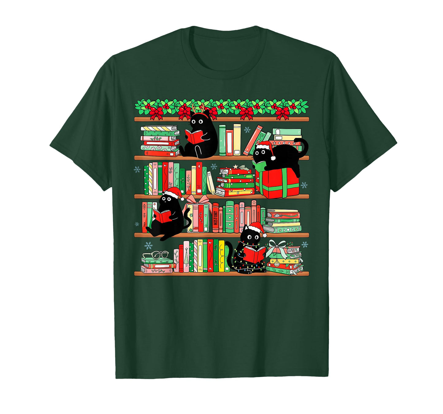 Christmas Black Cat Santa Bookshelves Book Lover Reader T-Shirt
