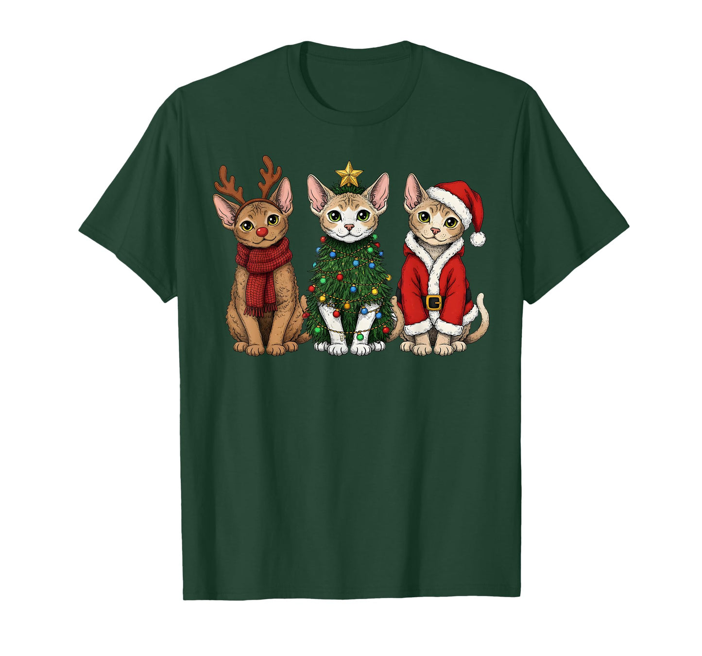 Retro Christmas Devon Rex Cat Santa Reindeer T-Shirt