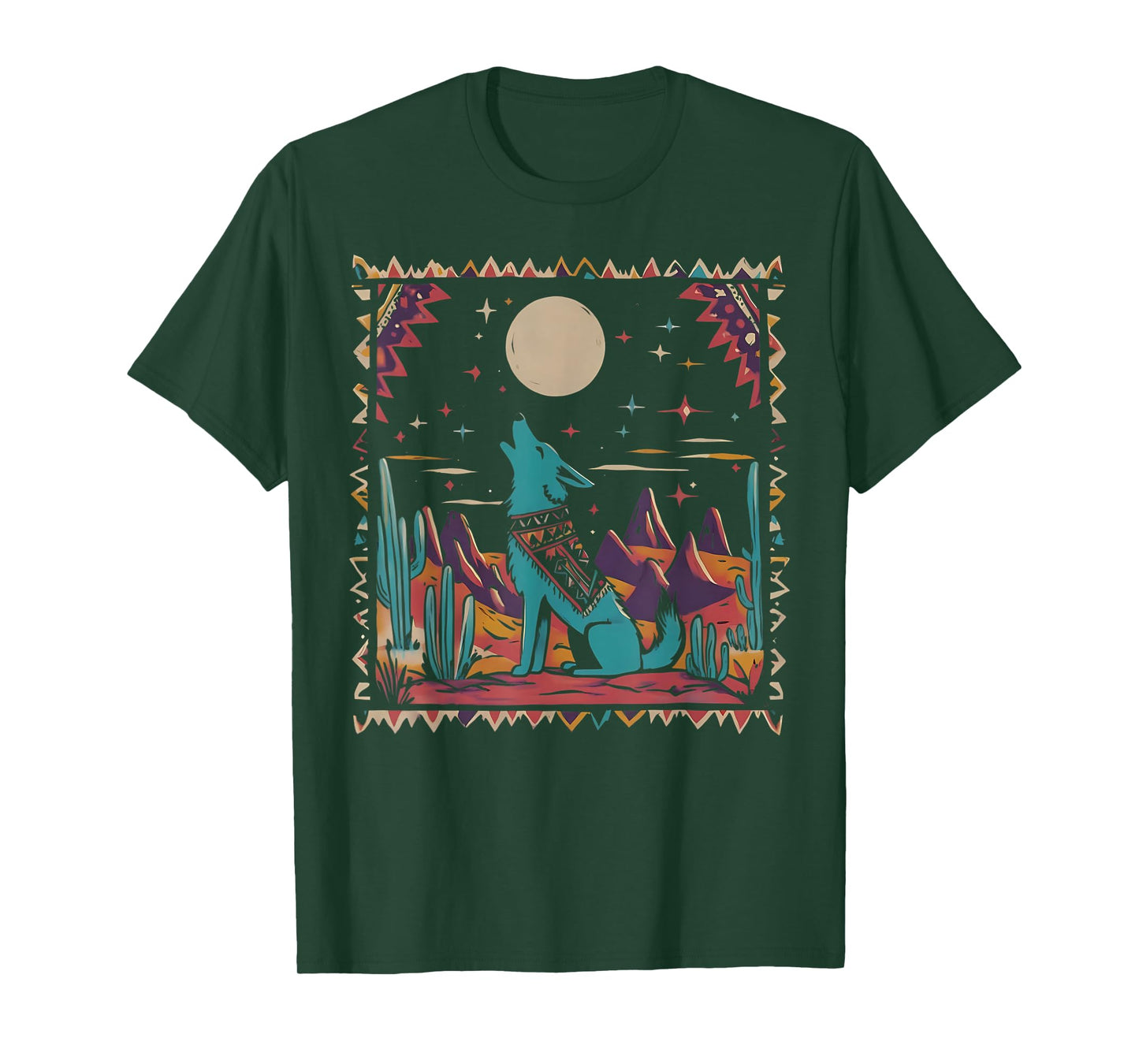Southwestern Dog Coyote Howling at The Moon Cactus Desert T-Shirt