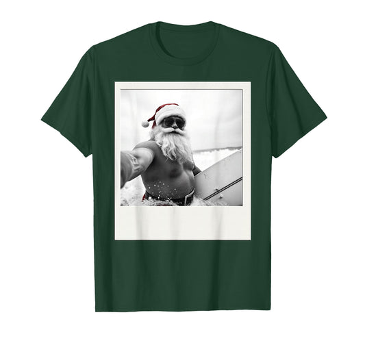 Santa Claus Surf Board Beach Funny Christmas Selfie Novelty T-Shirt