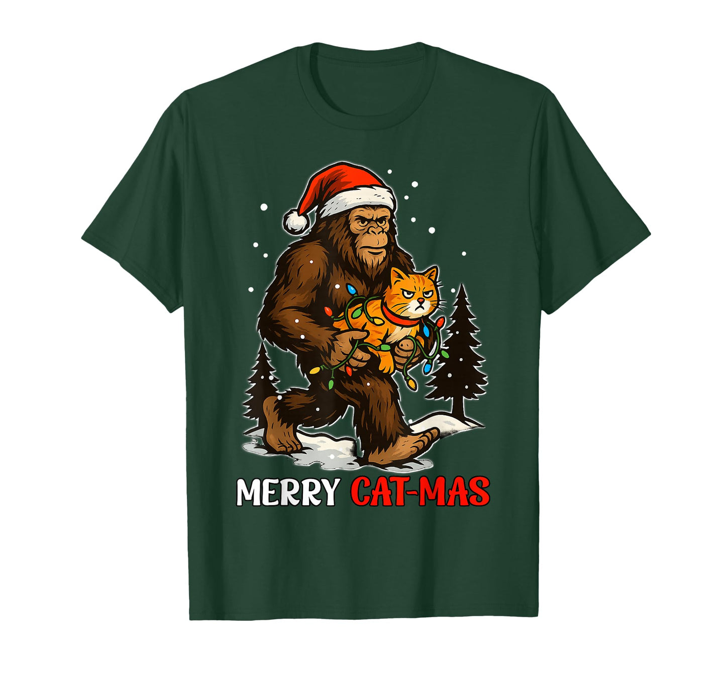 Merry Catmas Bigfoot and Lights Santa Hat Funny Cat Xmas T-Shirt