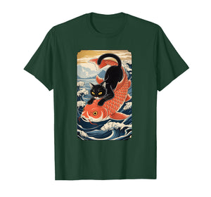 Cat Koi Japanese Black Ukiyoe Art Sakura Waves Zen T-Shirt