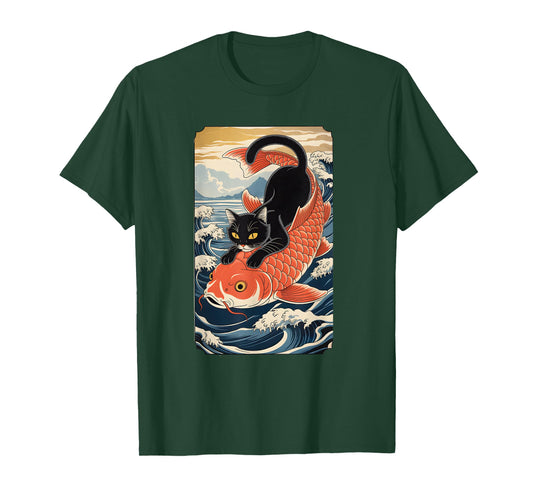 Cat Koi Japanese Black Ukiyoe Art Sakura Waves Zen T-Shirt