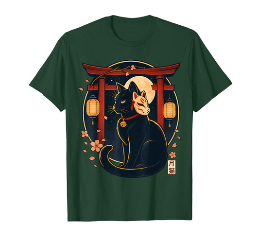 Kawaii Japanese Cat Kitsune Mask Torii Lantern Funny Cat T-Shirt
