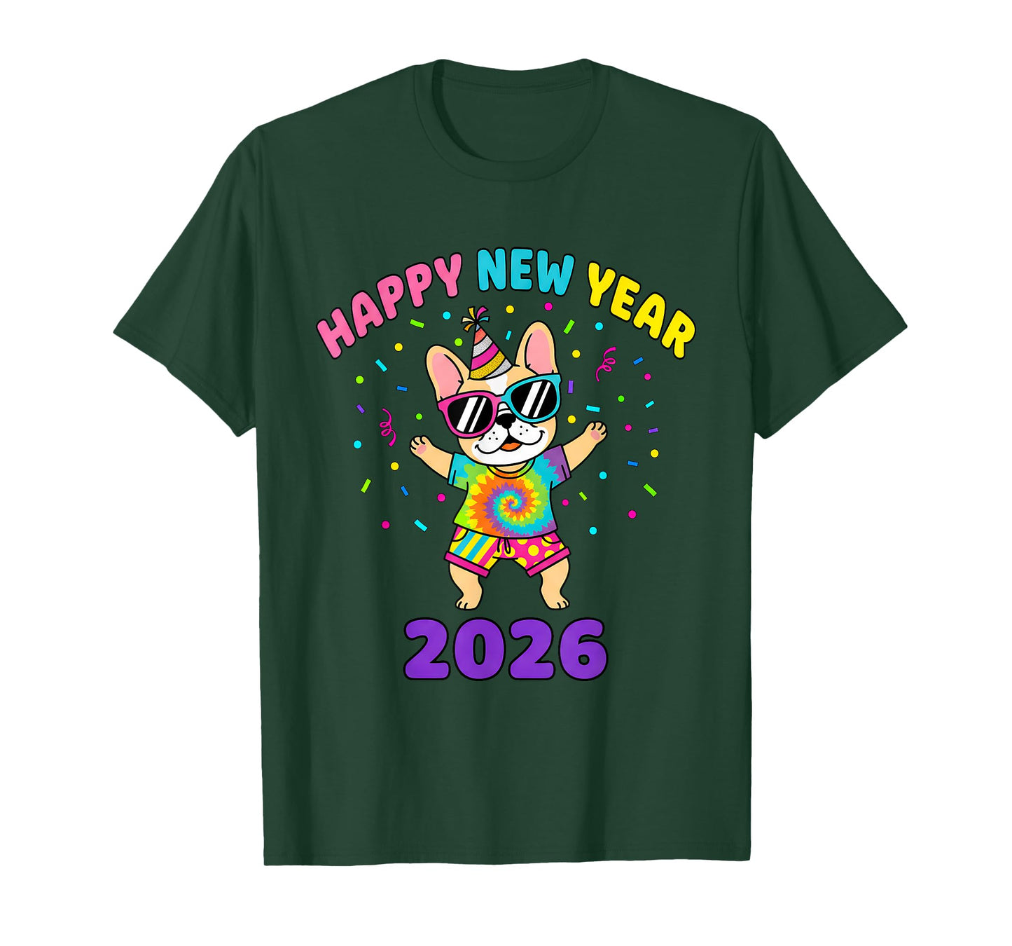 Happy New Year 2026 Kids Girls Funny Dog T-Shirt