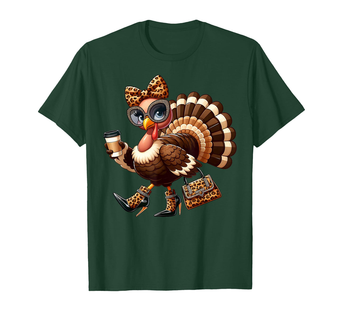 Leopard Turkey Drinking Coffee Thanksgiving Women Turkey Day T-Shirt