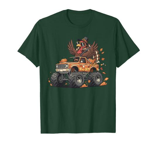 Cute Turkey Riding Monster Truck Thanksgiving Men Boys Kids T-Shirt
