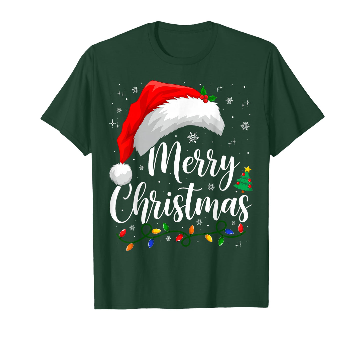 Merry Christmas Lights Santa Hat Xmas Family Matching Pajama T-Shirt