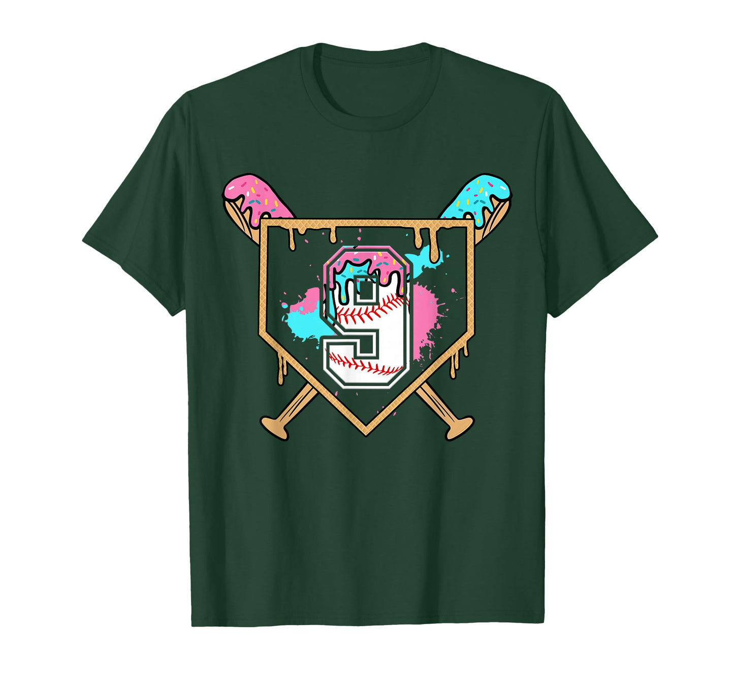 9th Birthday Baseball Bat Ice-Cream Drip 9yrs Old Boys Girls T-Shirt
