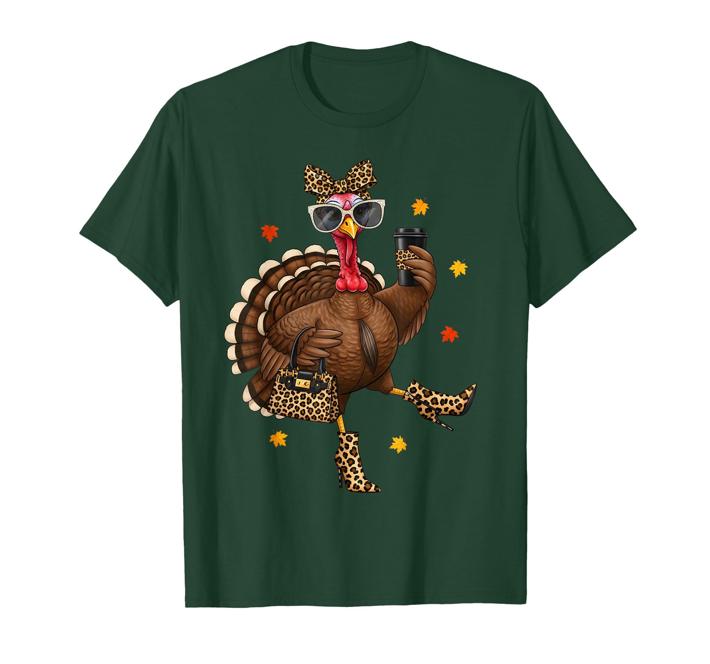 Leopard Turkey Drinking Coffee Thanksgiving Women Turkey Day T-Shirt