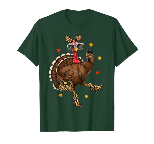Leopard Turkey Drinking Coffee Thanksgiving Women Turkey Day T-Shirt