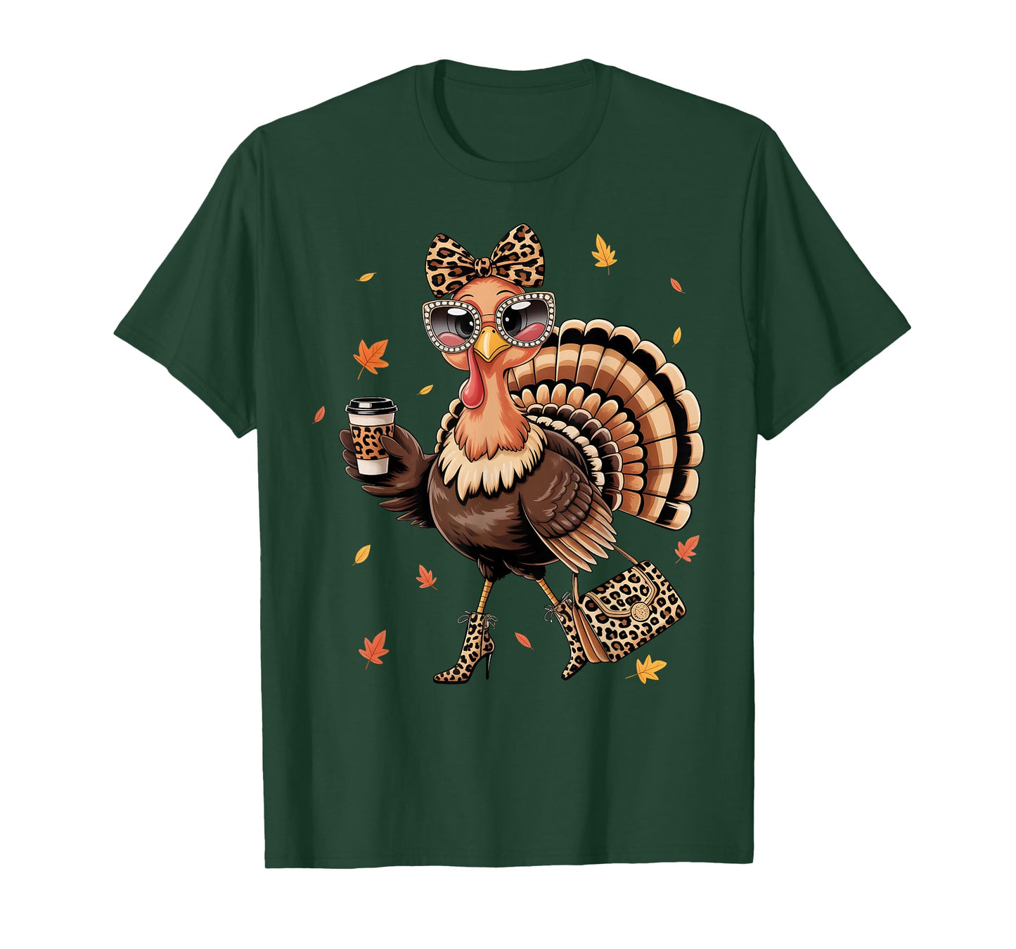 Leopard Turkey Drinking Coffee Thanksgiving Women Turkey Day T-Shirt