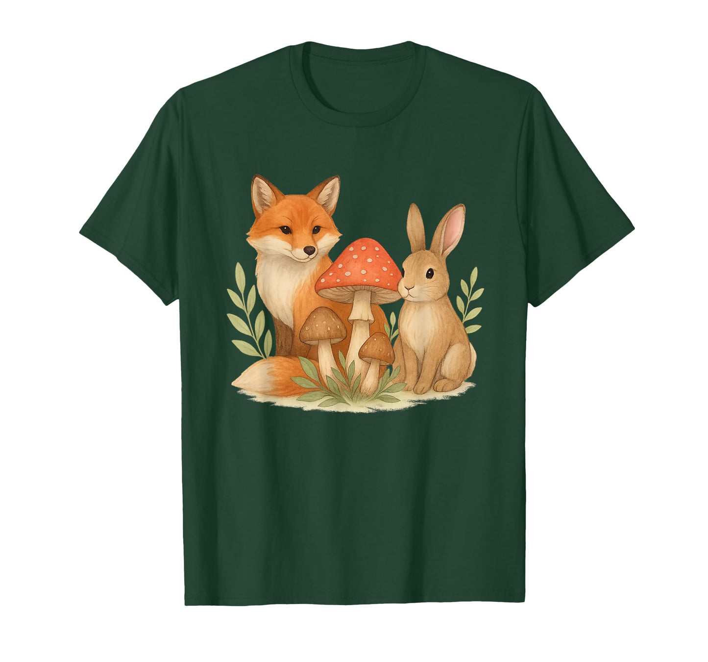 Cute Fox Bunny Mushroom Forest Watercolor T-Shirt