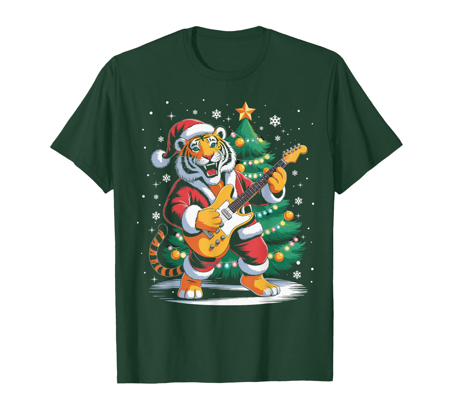 Christmas Tiger Playing Guitar Music Santa Hat Xmas Lights T-Shirt