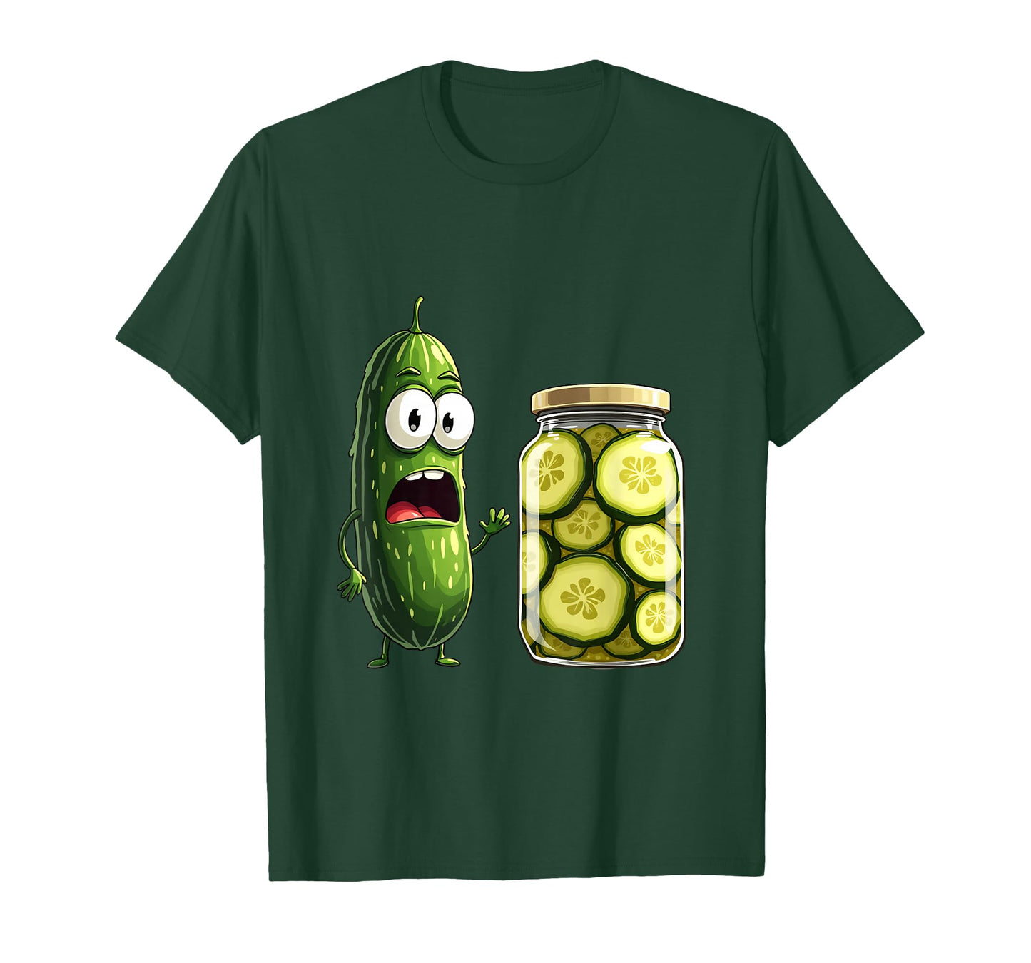 Surprised Pickle and Jar of Pickles Cartoon T-Shirt