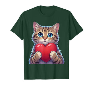 Cute Cat Holding Heart Sweet Love Valentine Illustration T-Shirt