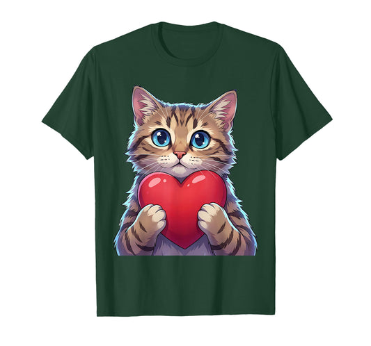Cute Cat Holding Heart Sweet Love Valentine Illustration T-Shirt