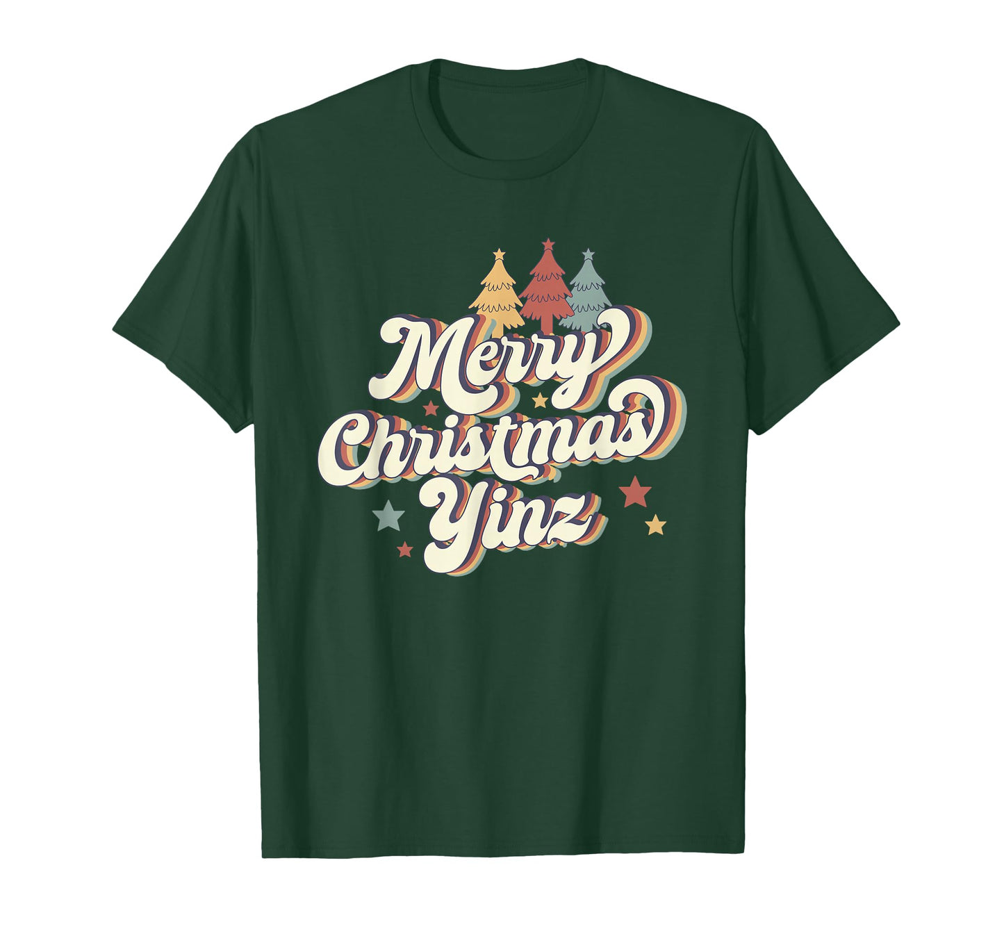 Merry Christmas Yinz Retro Pittsburgh Groovy Trees T-Shirt
