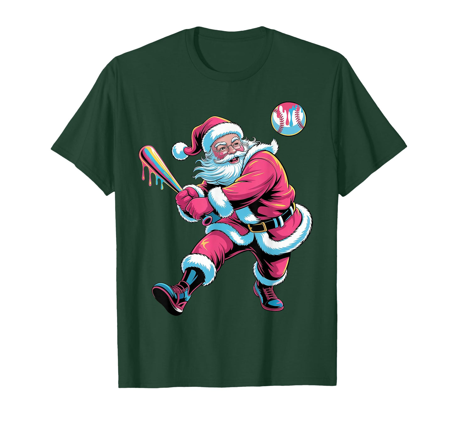 Christmas Baseball Santa Claus Batter Baseball Drip Xmas T-Shirt