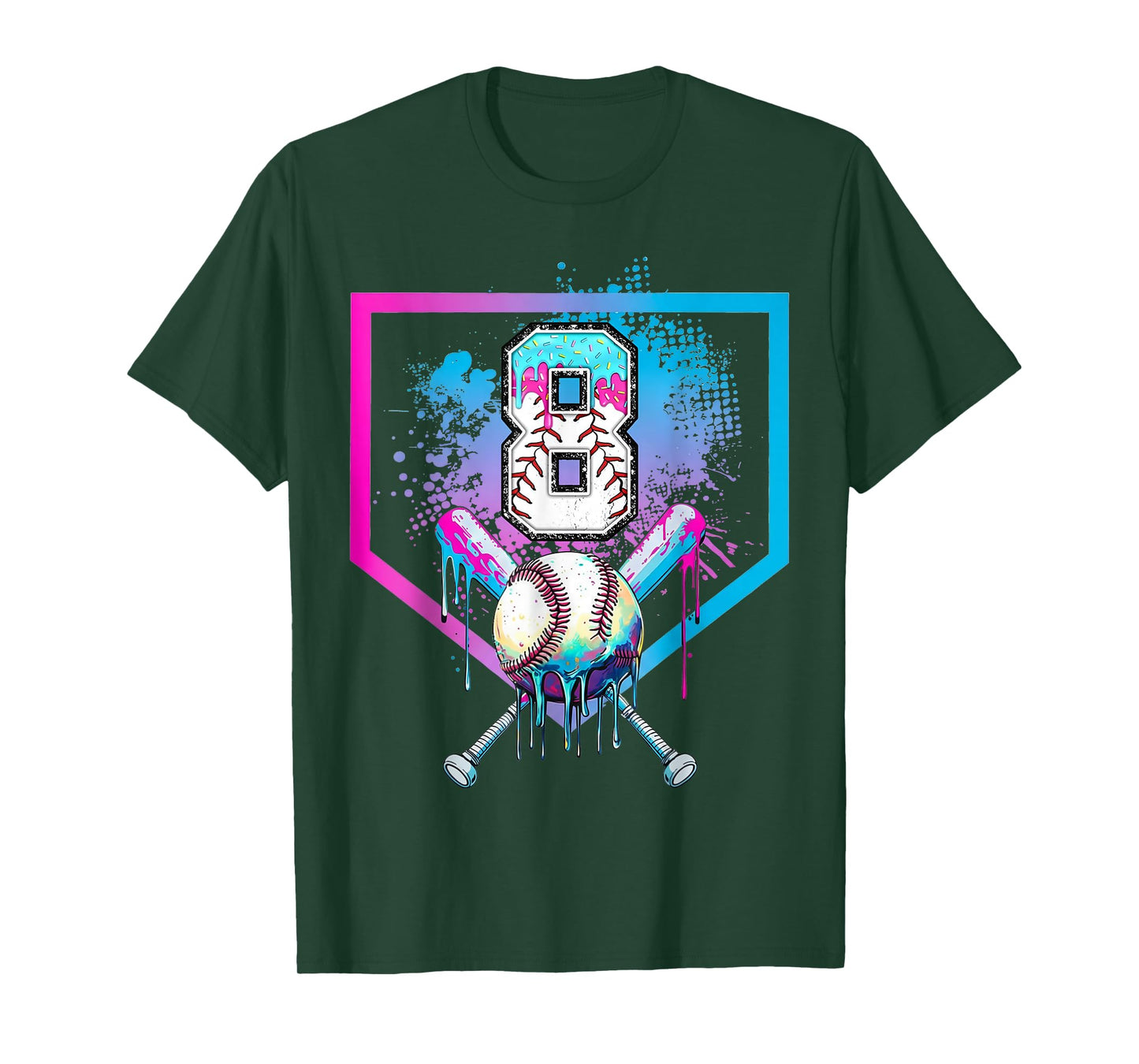Baseball 8 Year Old Ice Cream Drip 8th Birthday Boy Number 8 T-Shirt