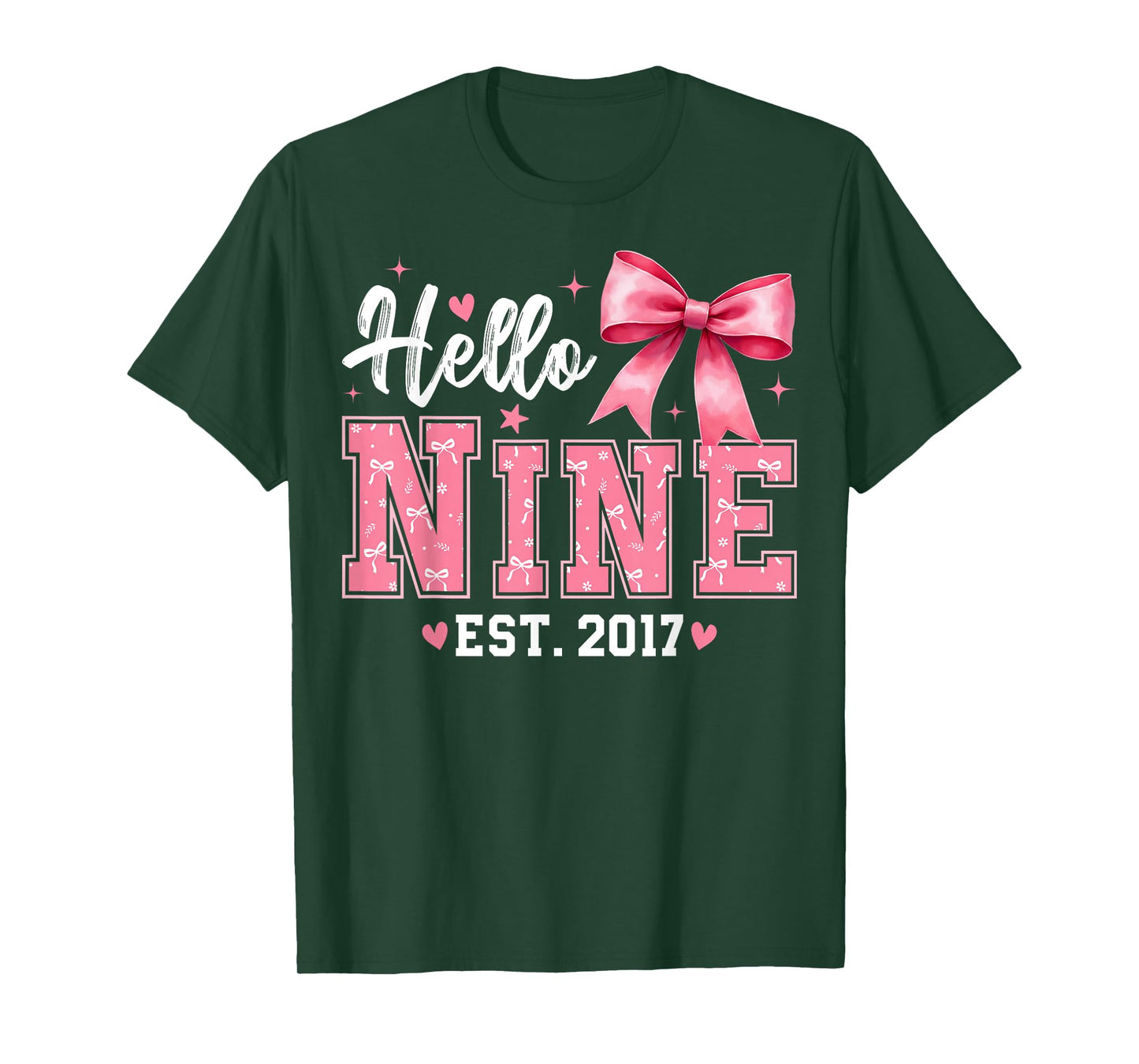 Hello Nine Est 2017 Coquette Bow 9th Birthday Girl T-Shirt