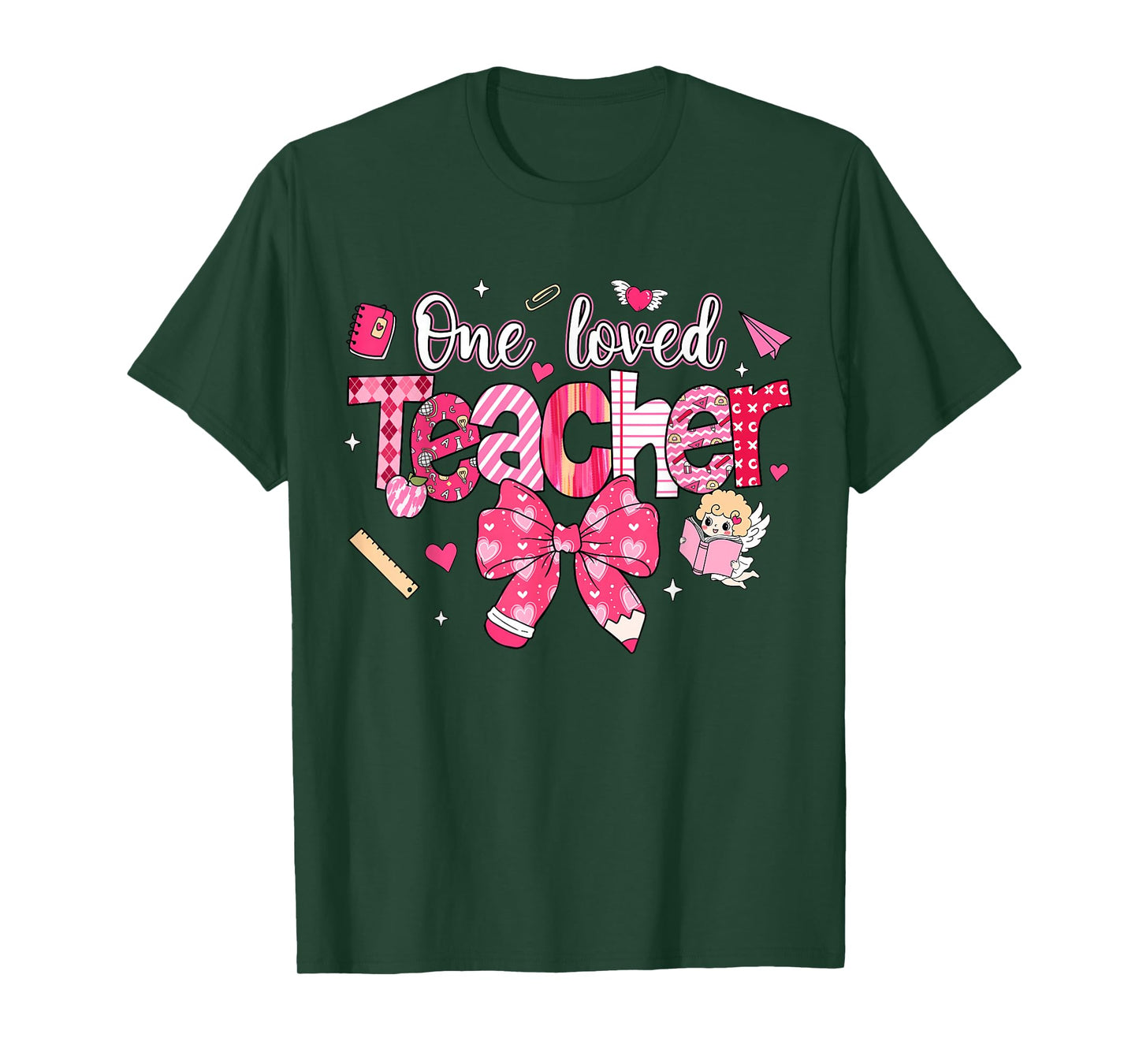 One Loved Teacher Coquette Bow Pencil Valentine Girl Women T-Shirt