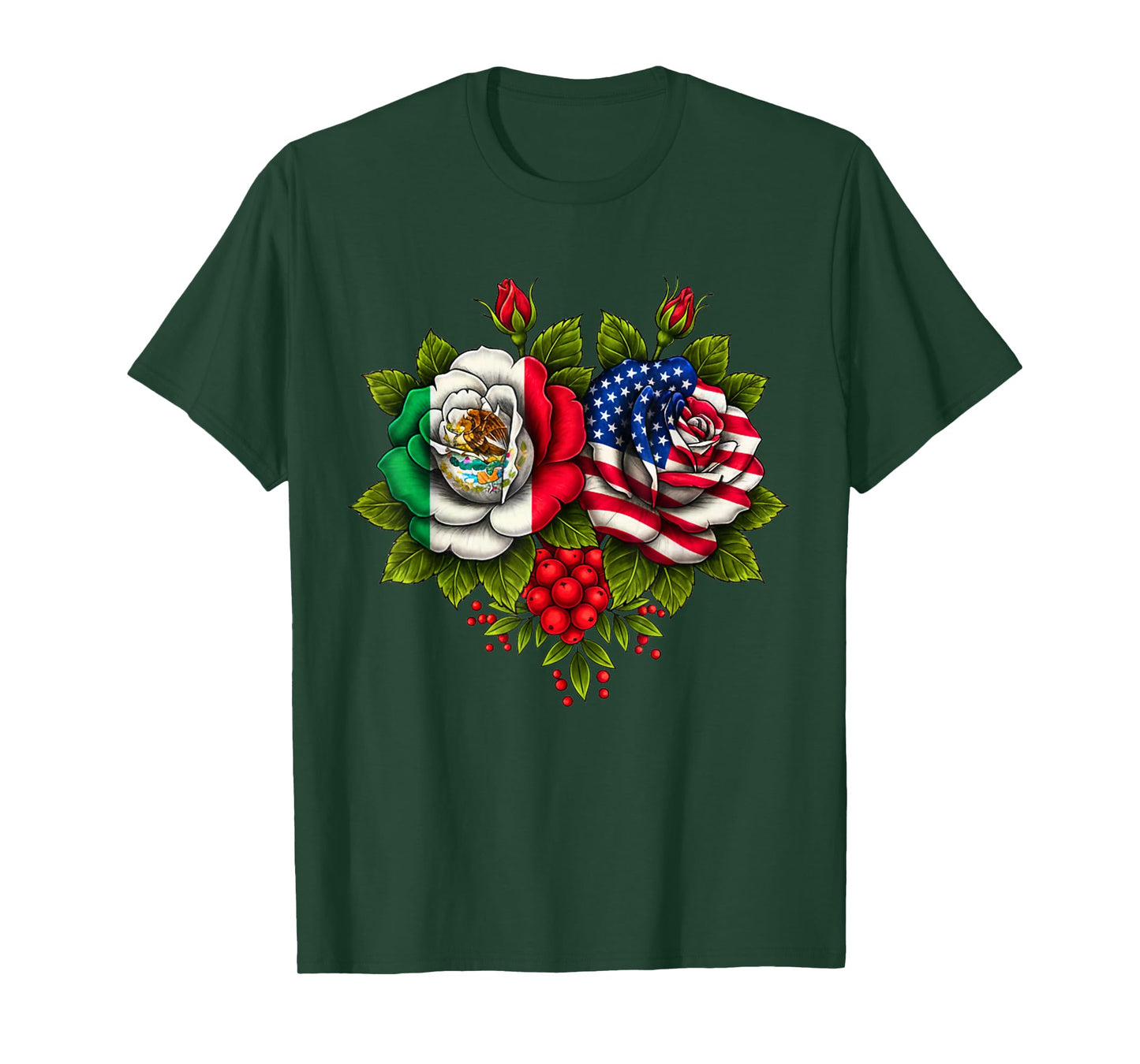Mexico Mexican Roots Mexican Flag American Flag Rose Flower T-Shirt