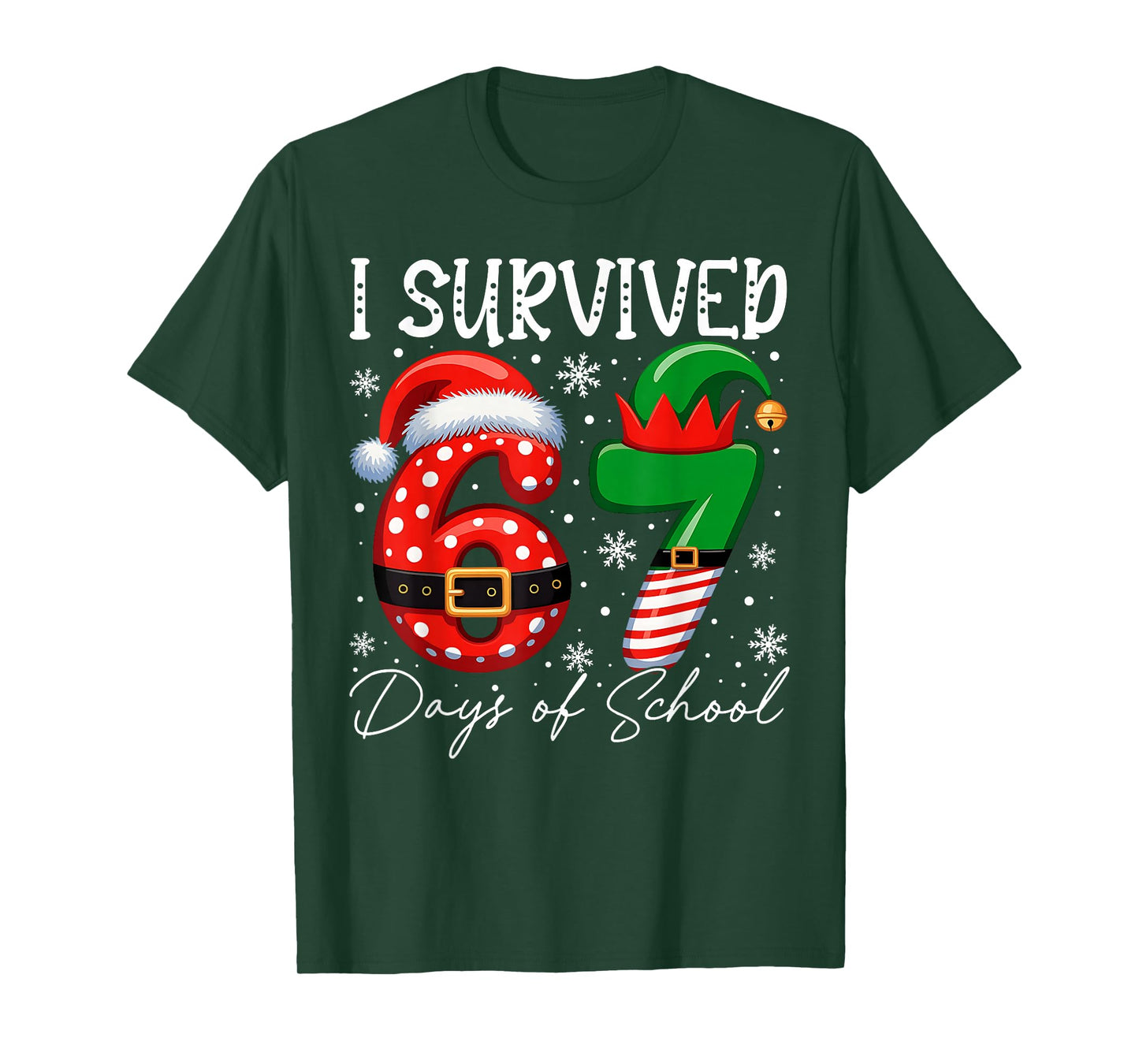 I Survived 67 Day of School Funny 67 Xmas Santa Elf Hat Meme T-Shirt