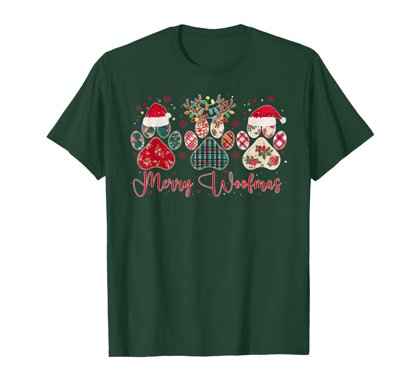 Merry Woofmas Christmas Dog Paws Buffalo Plaid Xmas Lights T-Shirt