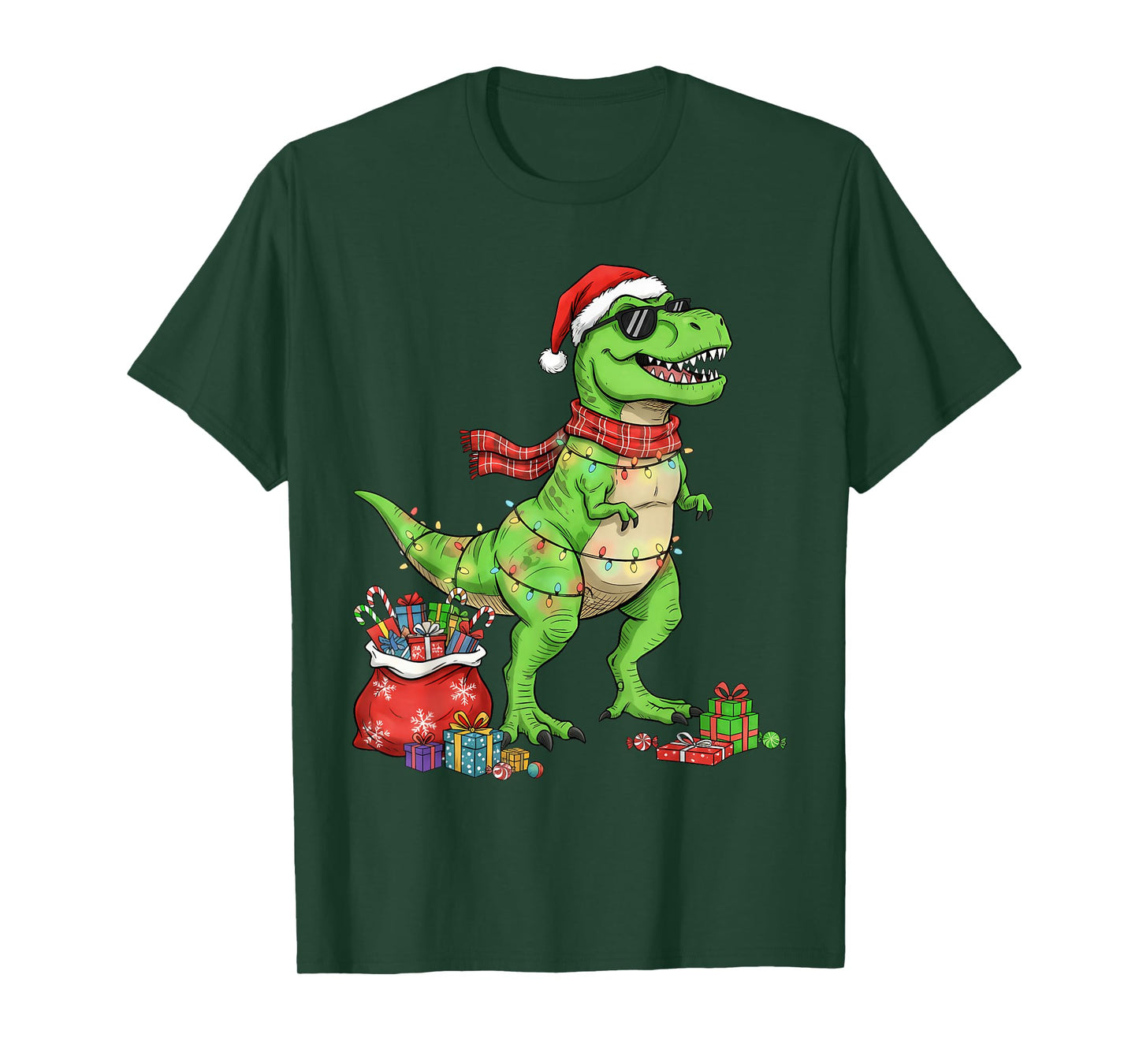 Tree T Rex Santa Hat Funny Christmas Lights Kids Boys Xmas T-Shirt