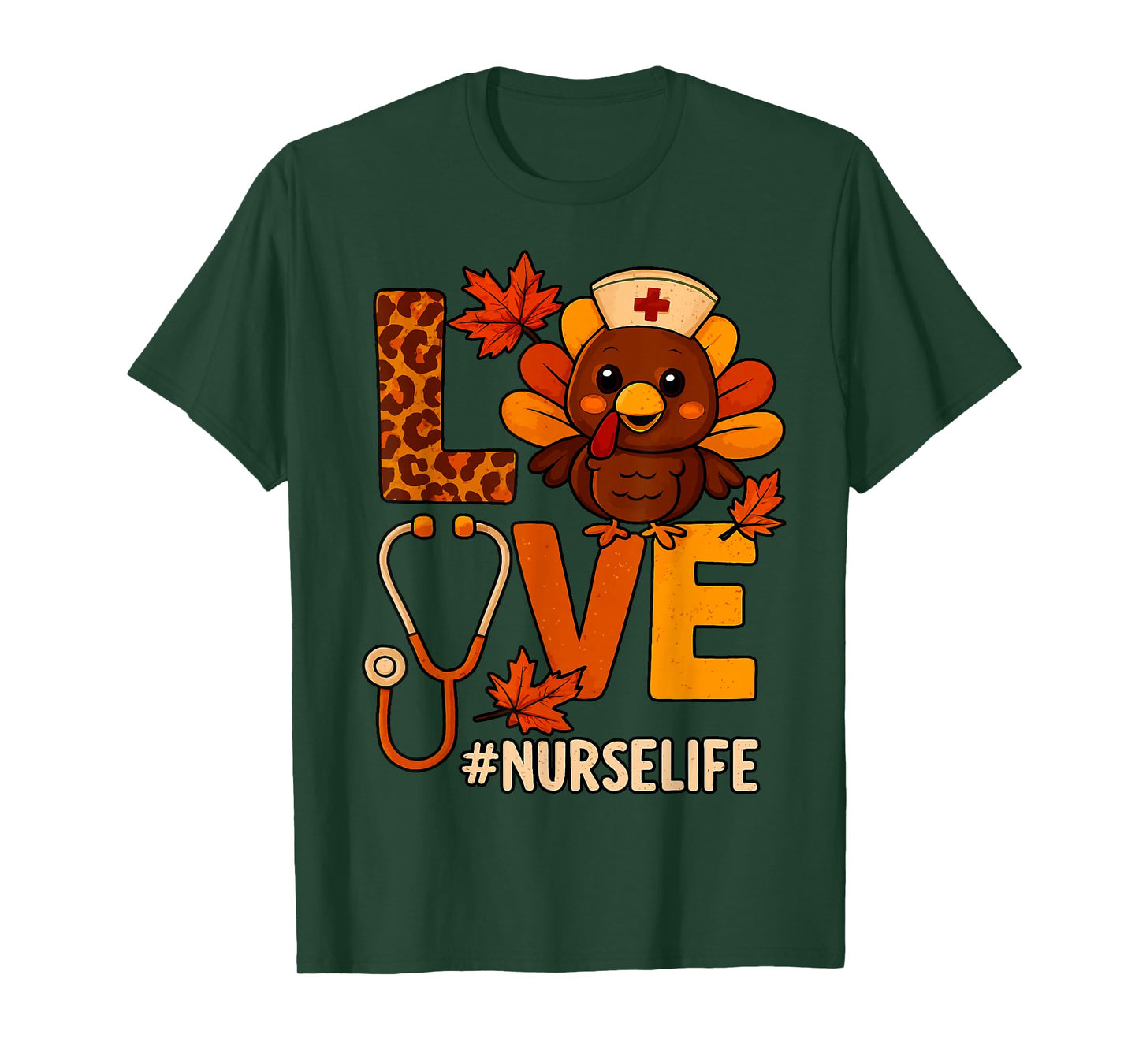 Love Nurse Life Thanksgiving Turkey Fall Scrubs Stethoscope T-Shirt