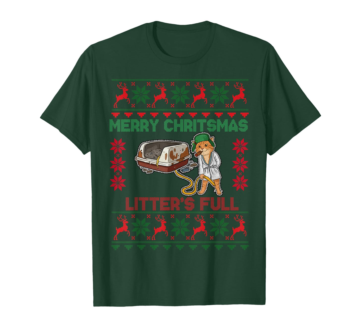 Litter's Full Merry Christmas Funny Cat Lover Ugly Christmas T-Shirt