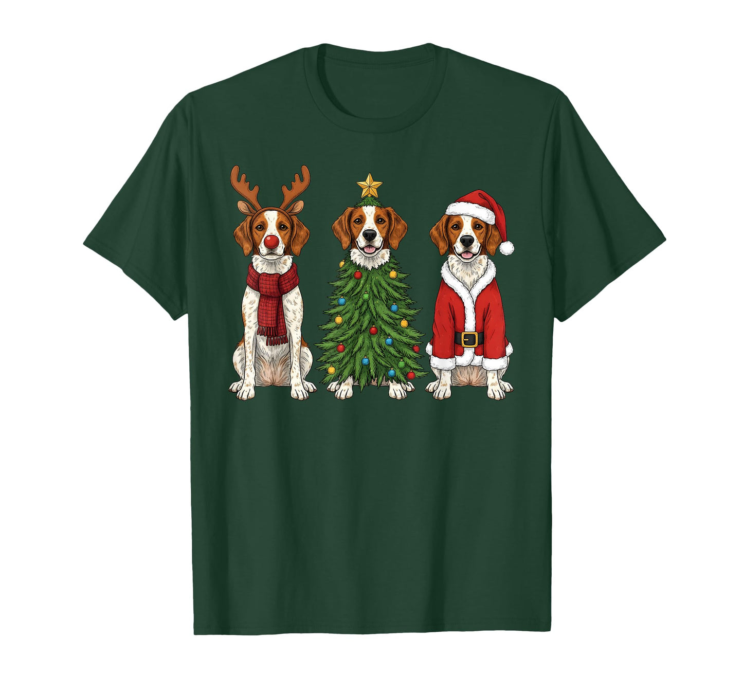 Retro Christmas Brittany Spaniel Santa Reindeer Dog Lover T-Shirt