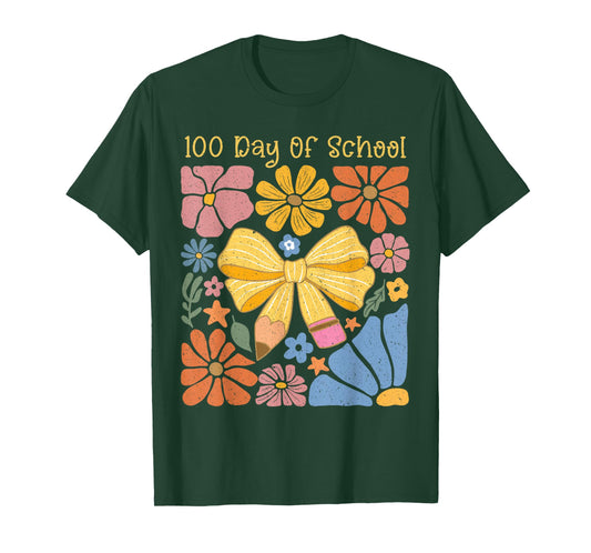 100 Days of School Groovy Retro Teacher Student Coquette Bow T-Shirt