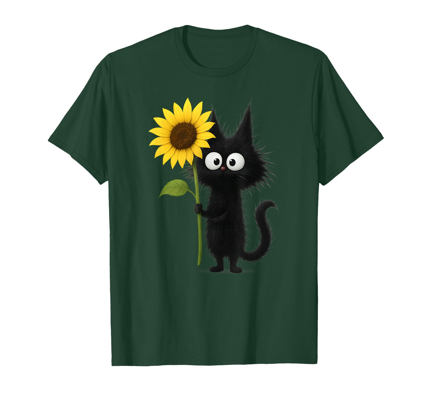Cute Black Cat with Sunflower Adorable Nature Design T-Shirt