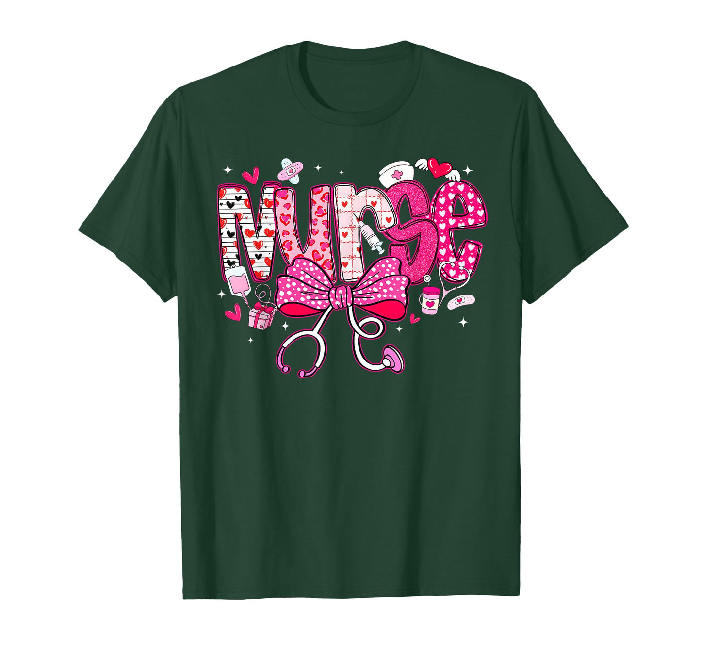 Valentine Nurse Coquette Bow Hearts Stethoscope Girl Women T-Shirt